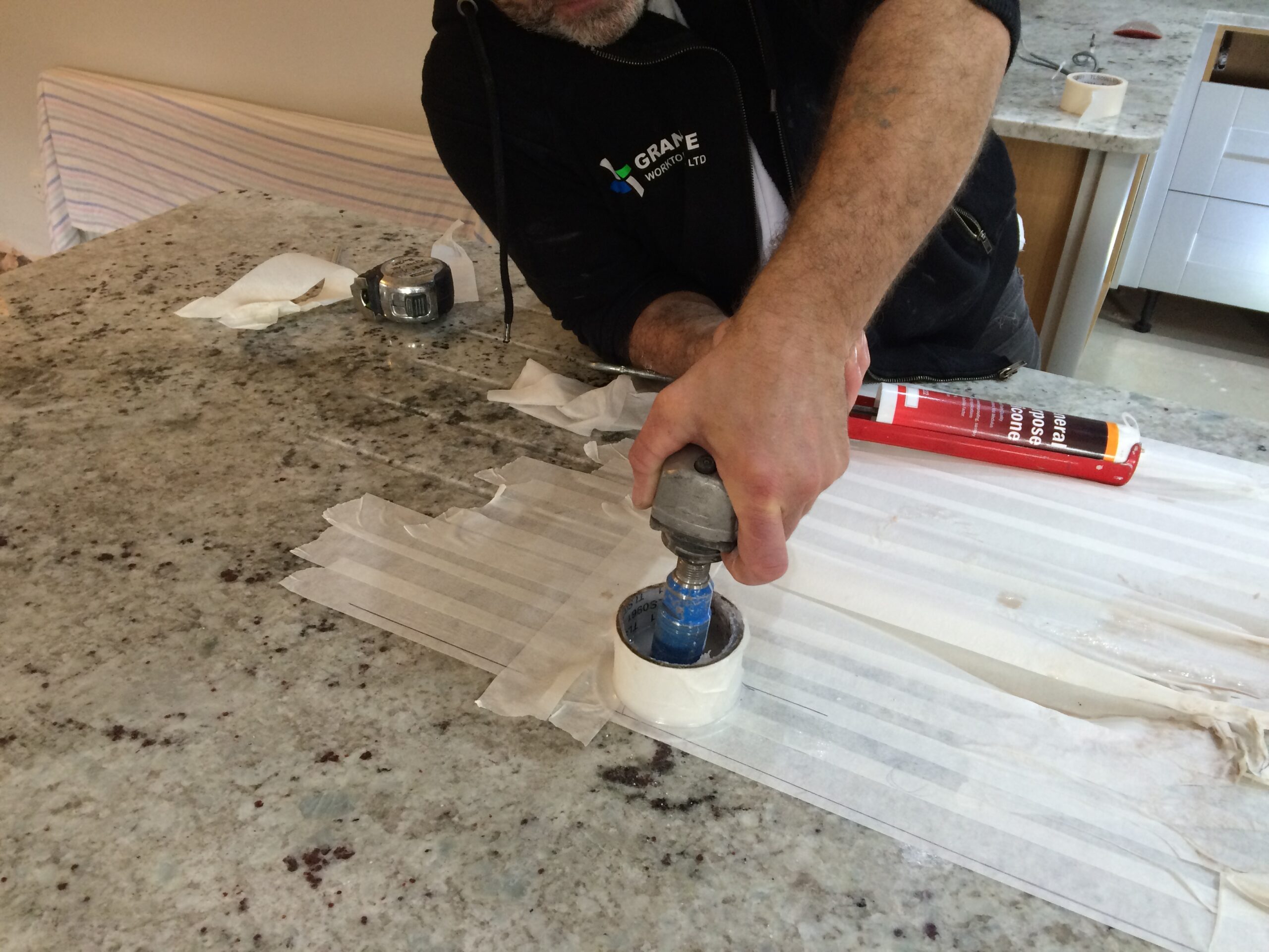 On-site drilling of a stone worktop for alterations