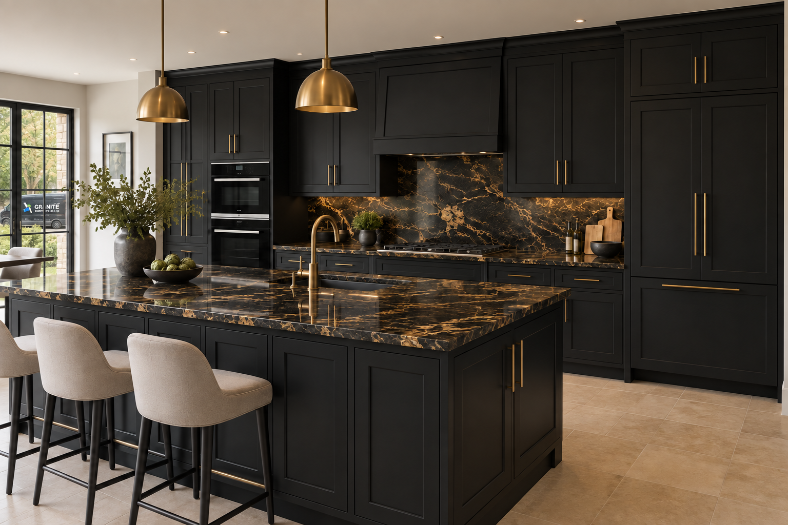 Black and gold kitchen worktops with a large island, matching splashback and the company van visible through the window